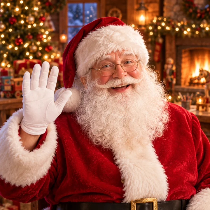 Santa waving hello in a warm Christmas workshop