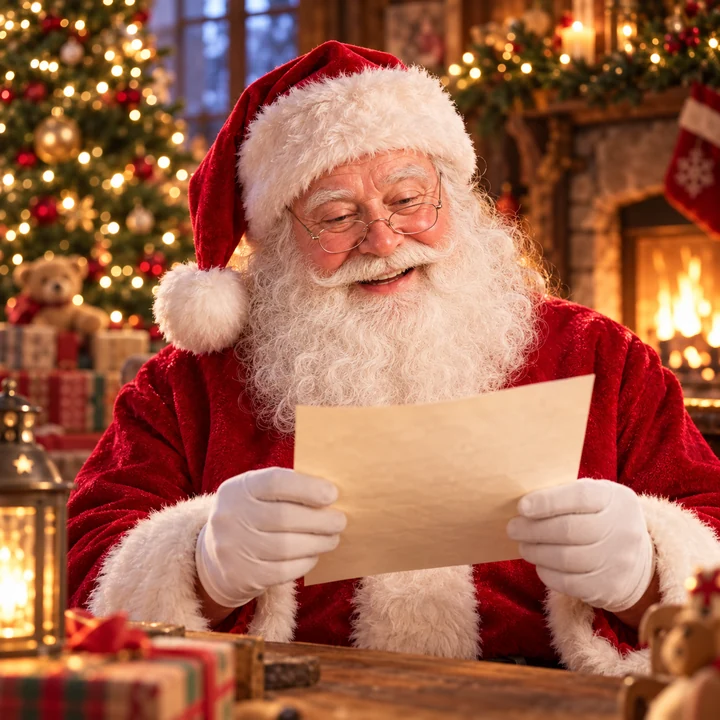 Santa smiling while reading a Christmas letter