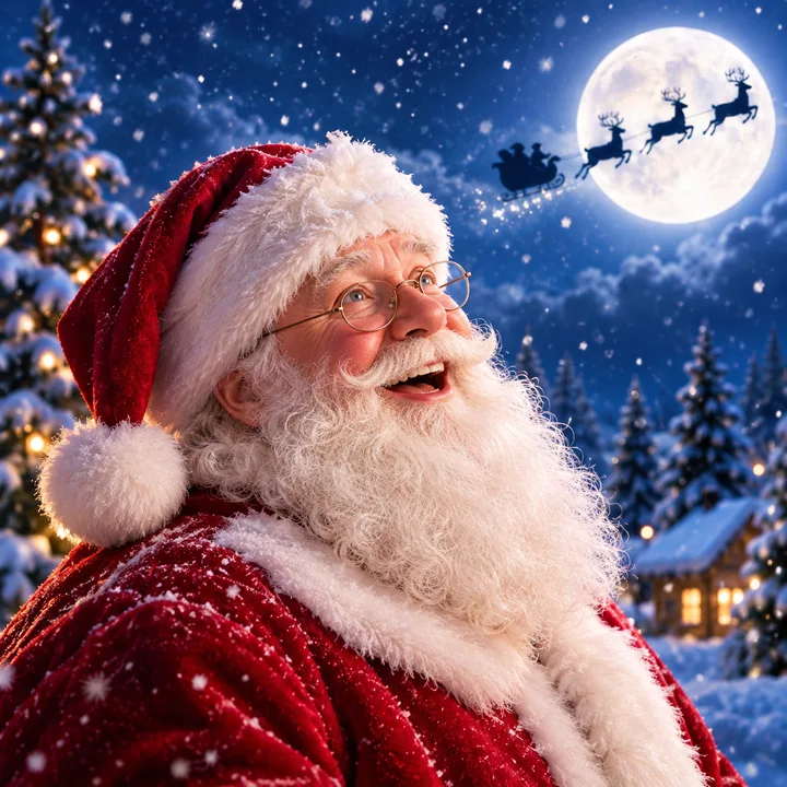 Santa watching a sleigh cross a snowy moonlit sky
