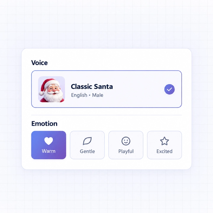 Santa voice settings with a selected Classic Santa voice and Warm emotion