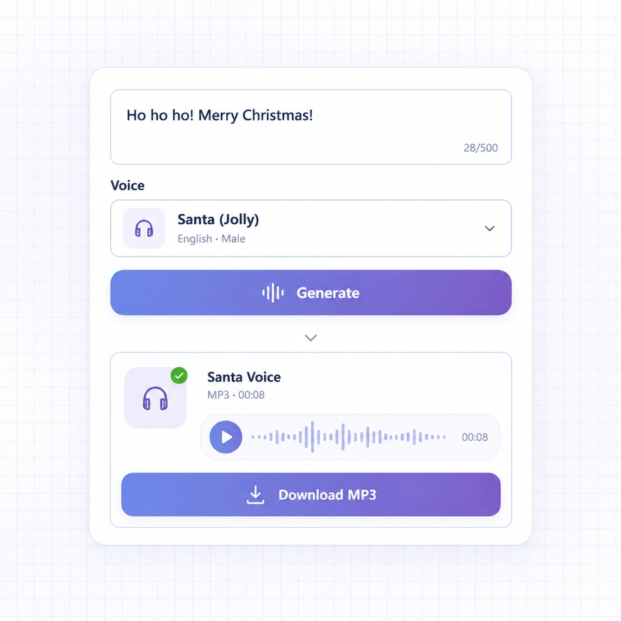 Santa voice result with Generate, audio preview, and Download MP3 controls