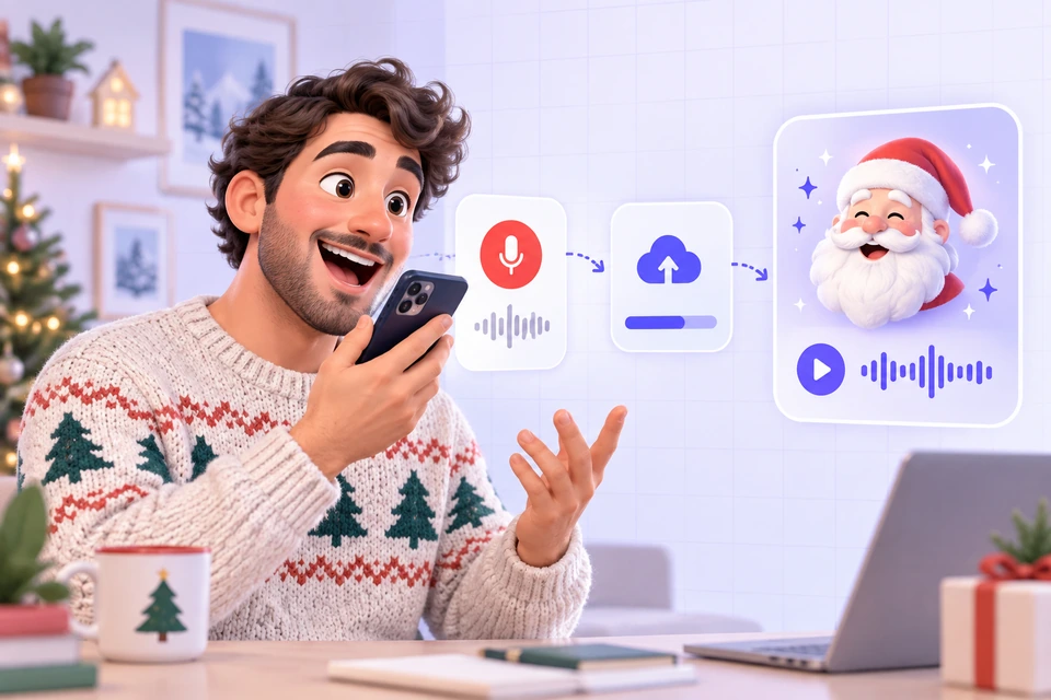 A person records a funny phone message that passes through an upload step and becomes a Santa voice clip