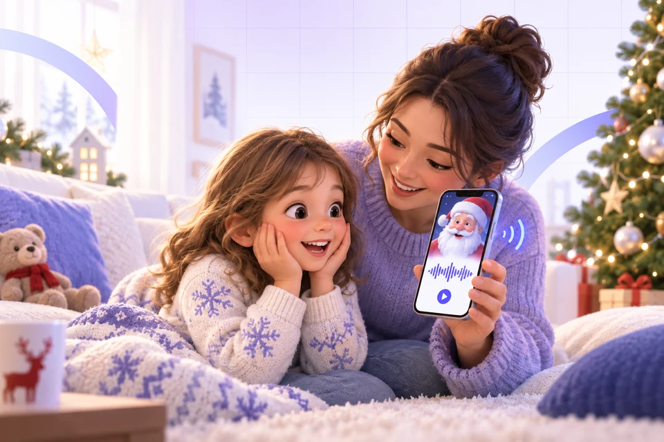 A child listens happily as a parent plays a personalized Santa voice message on a phone