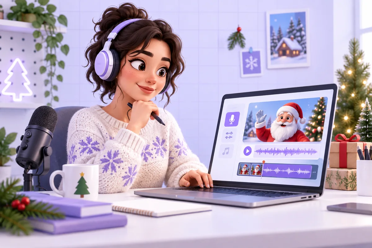 A content creator edits a holiday video with a Santa voice waveform on a laptop