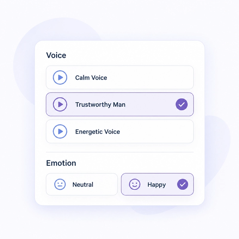 Selected voice row and emotion controls with Happy selected